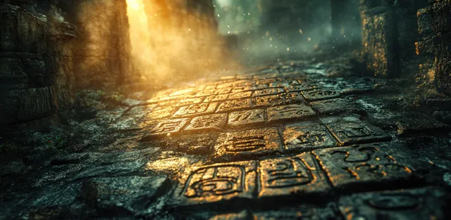 Ancient Greek inscriptions carved into a sunlit stone wall with warm directional light