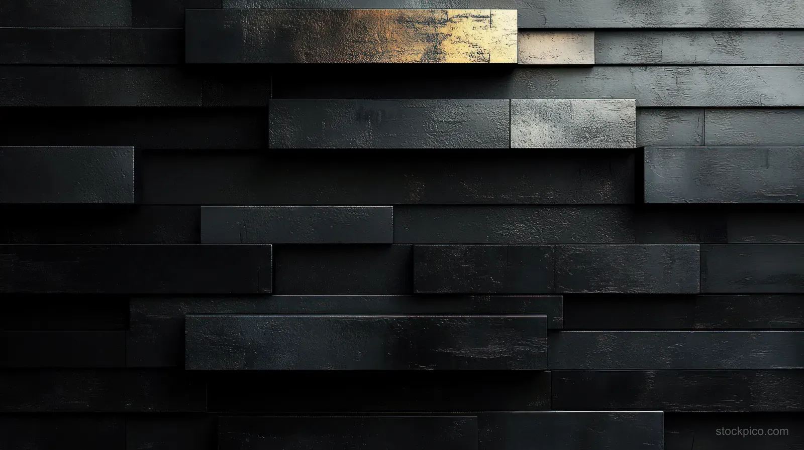 Dark brushed metal wall made of staggered rectangular panels with deep shadows and textured steel surface.