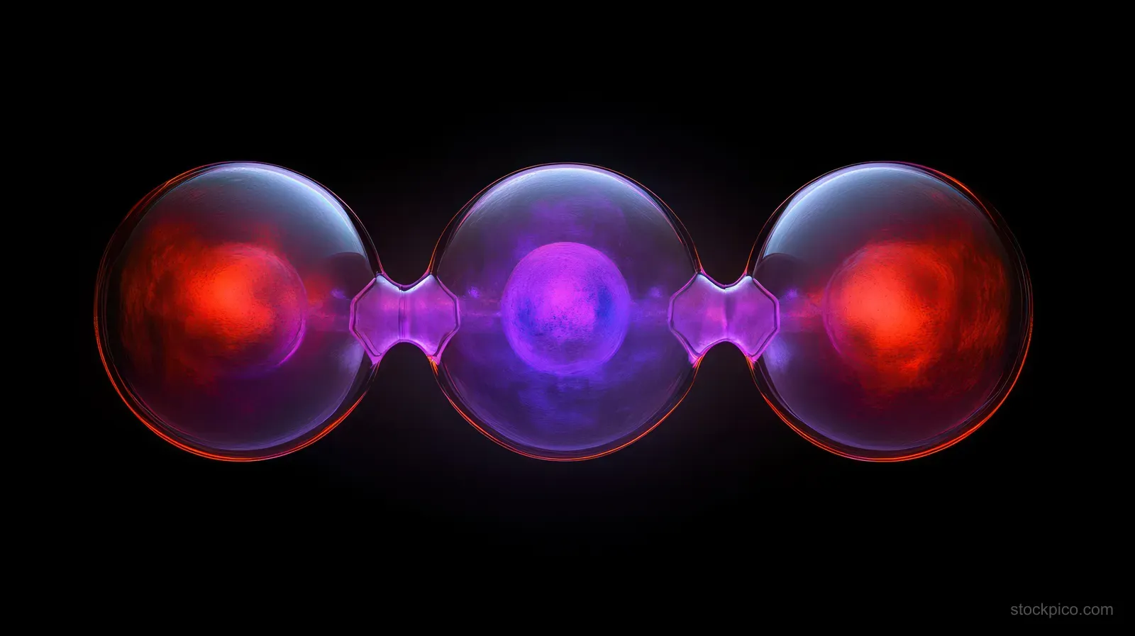 Three connected glowing purple and red spheres float on a dark background, forming an abstract futuristic cluster.