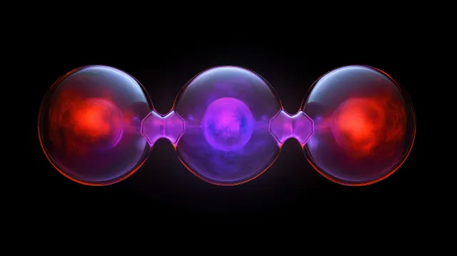 Three connected glowing purple and red spheres float on a dark background, forming an abstract futuristic cluster.