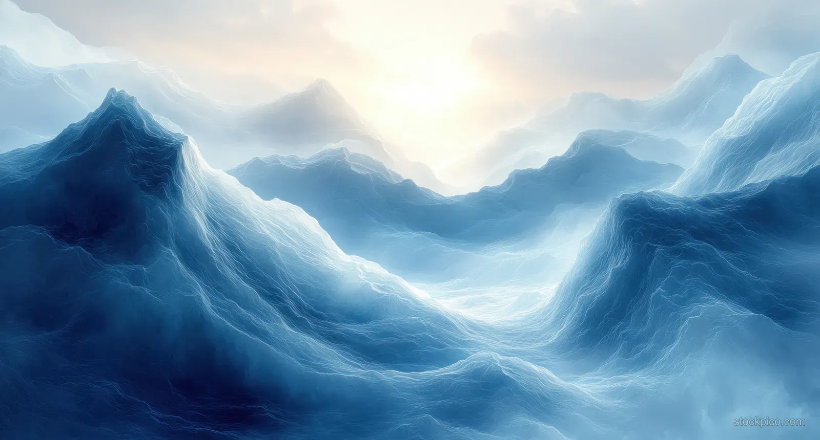 Surreal mountain valley rendered in blue and white with swirling curved light lines across misty peaks.