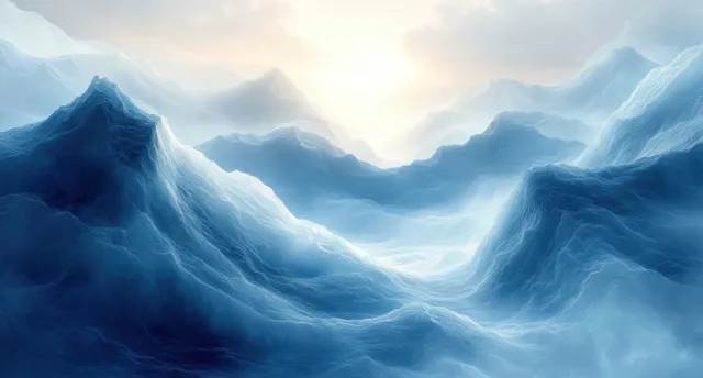 Surreal abstract mountain landscape with flowing curved light lines in blue and white
