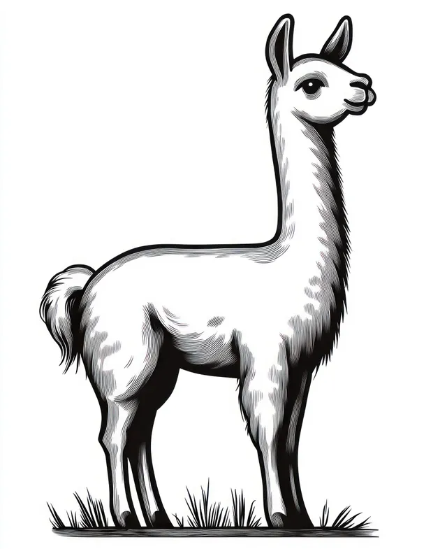 A black and white llama stands on grass in a calm side profile with attentive eyes.
