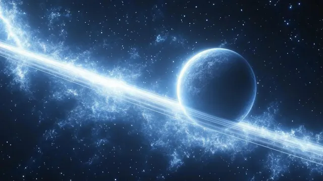 Glowing blue planet with a bright icy ring slicing through starry deep space