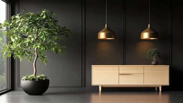 Large potted green tree beside a wooden cabinet under warm hanging lamps against a dark wall.