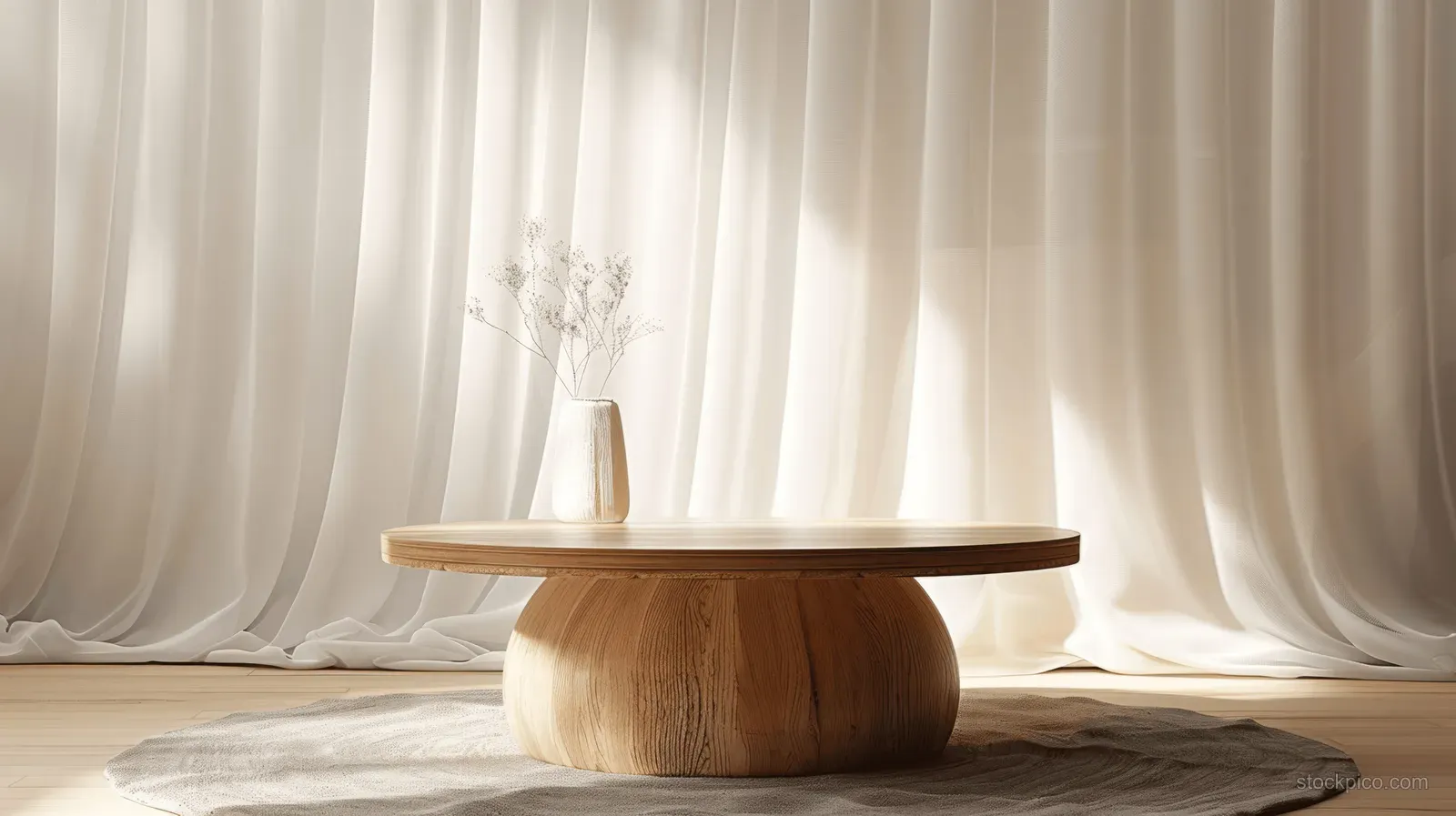Wooden podium on a dark base centered between white curtain drapes with sunlight casting soft shadows.
