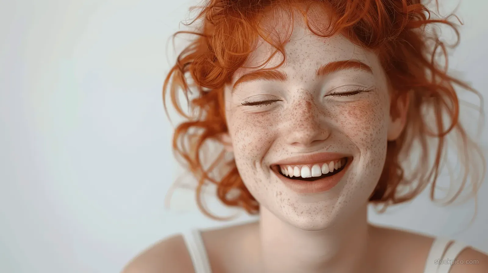 A red-haired girl smiles and laughs with eyes closed in a softly lit close-up portrait.