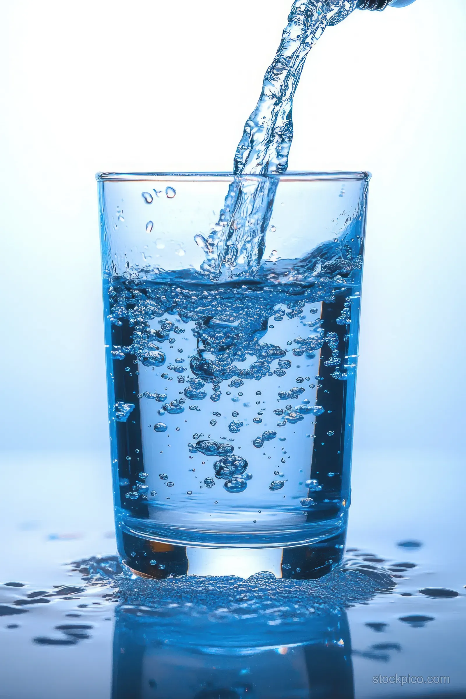 Clear water pours into a blue-tinted glass as bubbles rise and droplets splash on a reflective surface.