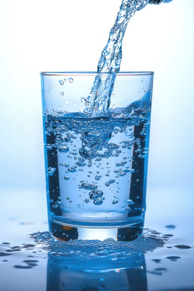 Clear water pours into a blue-tinted glass as bubbles rise and droplets splash on a reflective surface.