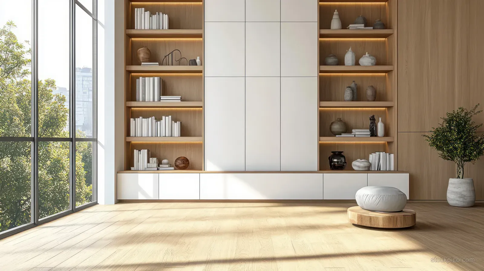Minimal living room with illuminated built-in bookshelves, white cabinets, decorative vases, and a round cushion near floor-to-ceiling glass windows.