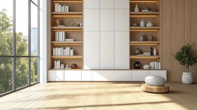 Minimal living room with illuminated built-in bookshelves, white cabinets, decorative vases, and a round cushion near floor-to-ceiling glass windows.