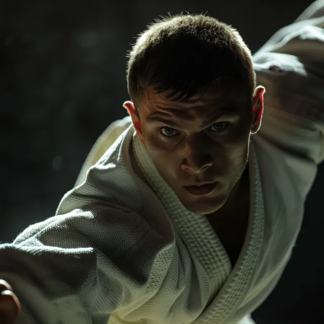 Russian judo fighter grapples in a 73 kg match under intense arena lighting