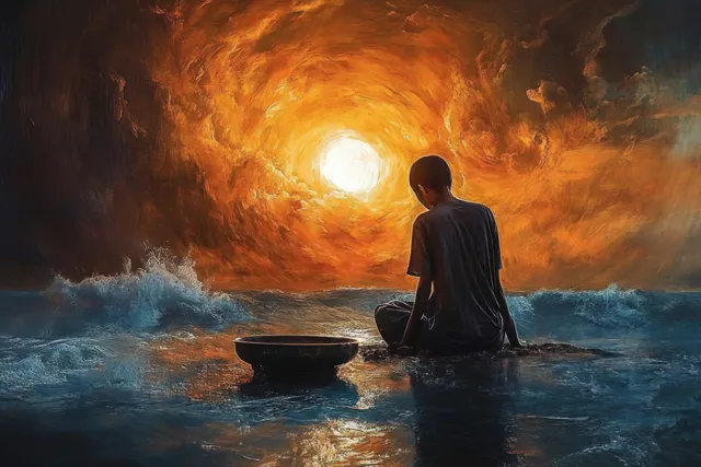 A lone silhouette sits on a rock in shallow surf facing a radiant fiery sunset with waves splashing around.