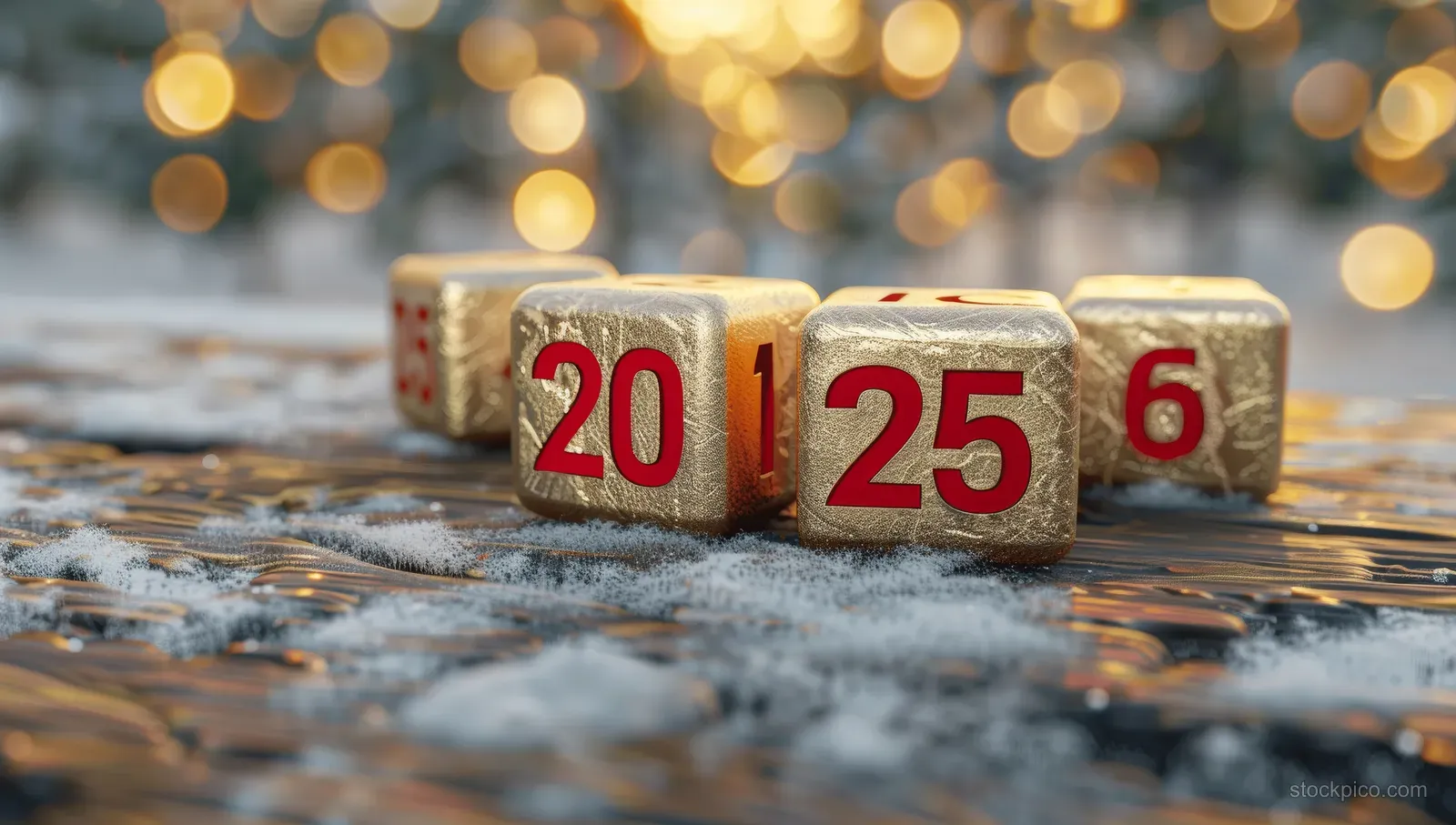 Golden 3D cubes with red numbers β20 25β sit on snowy wood with warm festive bokeh lights behind.