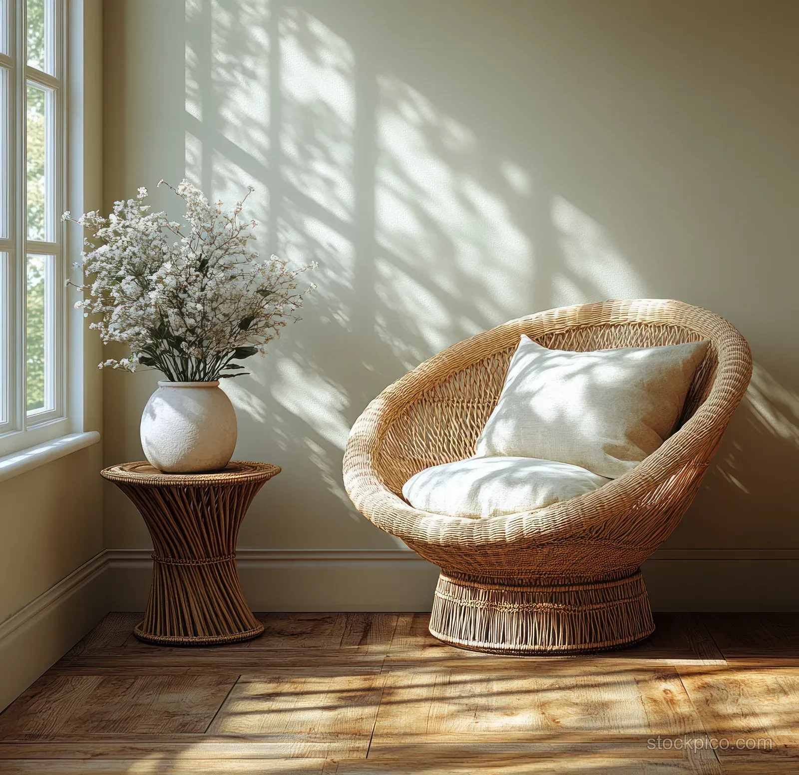 Rattan lounge chair near a sunny window with a small side table holding a vase of flowers.