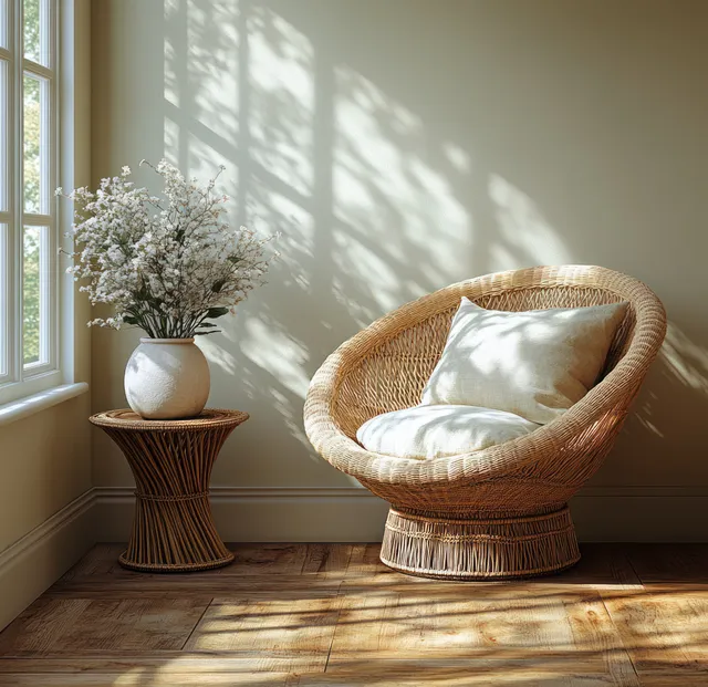 Rattan lounge chair near a sunny window with a small side table holding a vase of flowers.