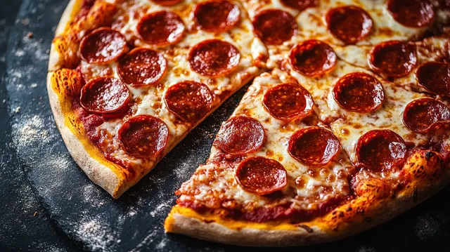 Close-up pepperoni pizza slice separation, melted cheese stretch on dark flour-dusted surface