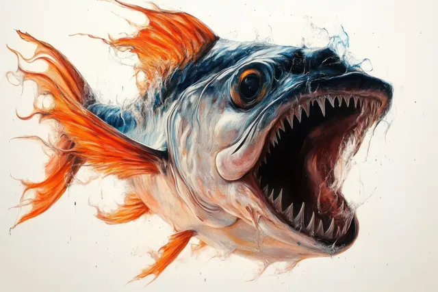 Close-up of a deep-sea fish swimming toward the camera with its mouth open and orange fins flaring.