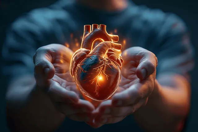 Cupped hands hold a glowing anatomical heart, emitting warm amber light over a blurred medical background.