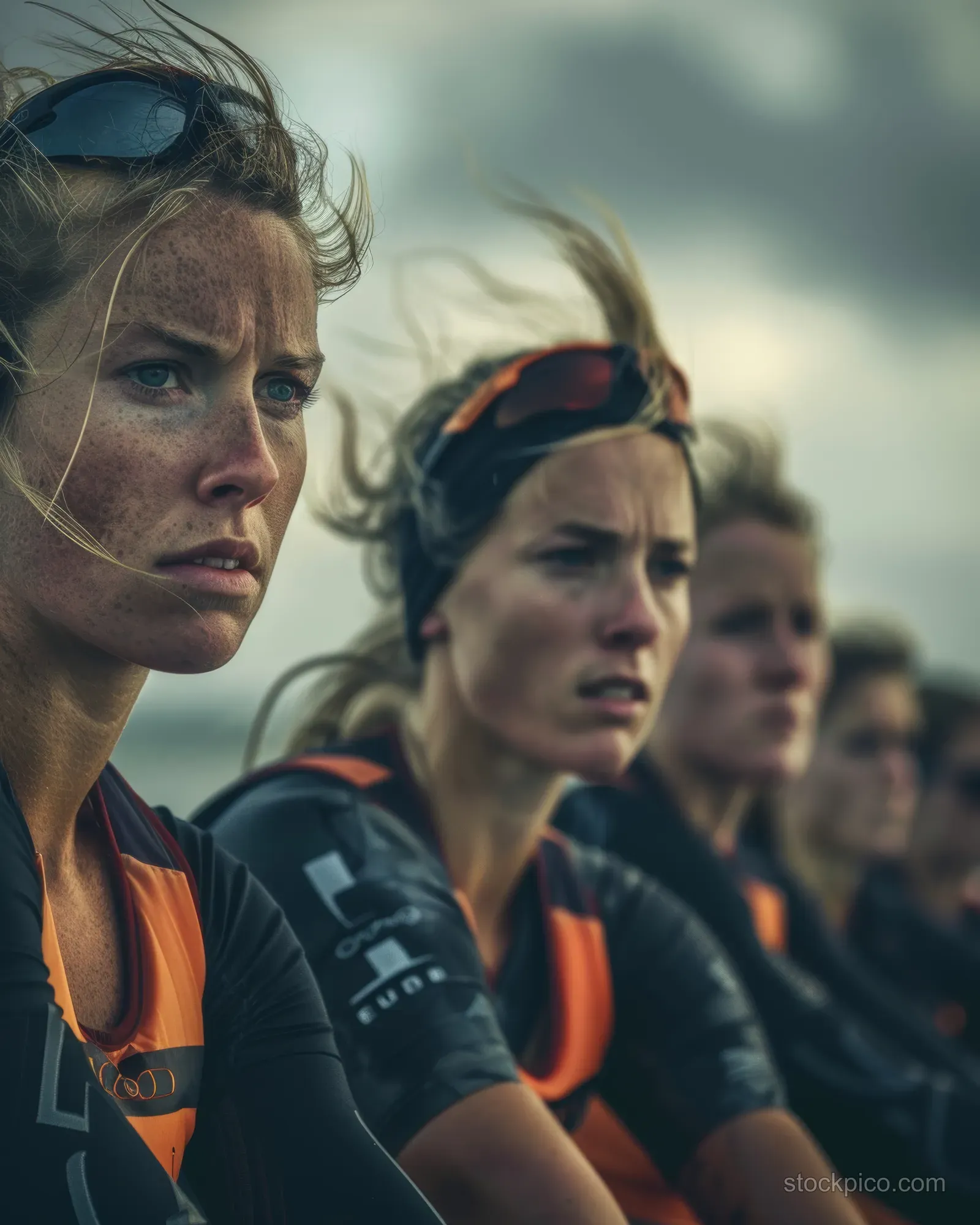Dutch female rowers compete mid-stroke in a race, with water spray and a blurred crowd behind them.