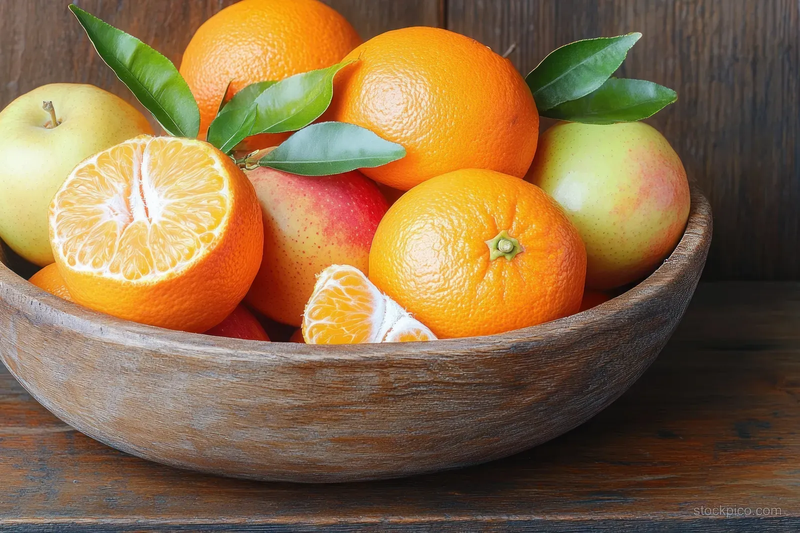 A wooden bowl on a rustic table holds apples, oranges, and mandarins with orange segments and soft shadows.