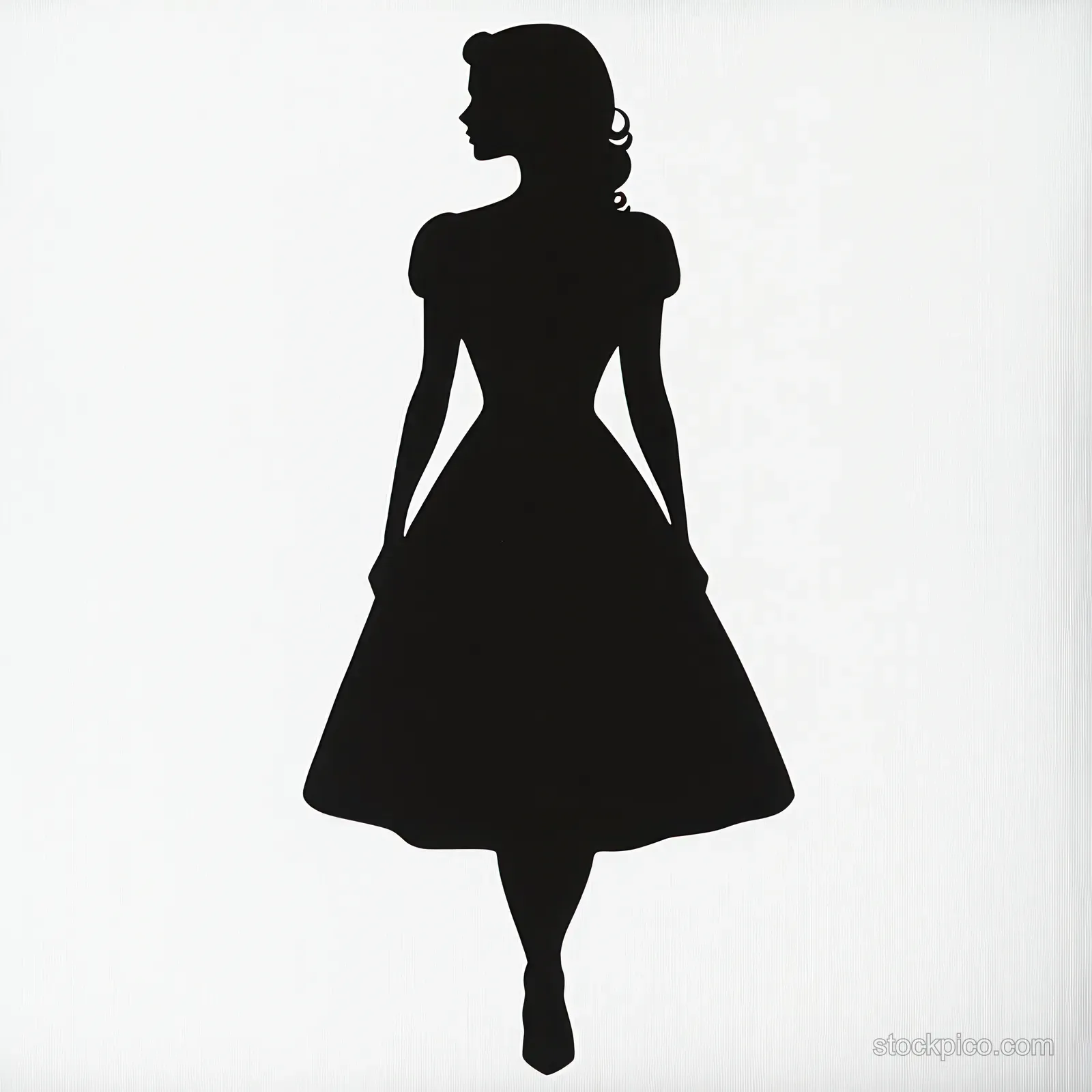 Black silhouette of a woman in a vintage dress standing in profile against a bright white background.