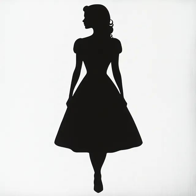 Black silhouette of a woman in a vintage dress standing in profile against a bright white background.
