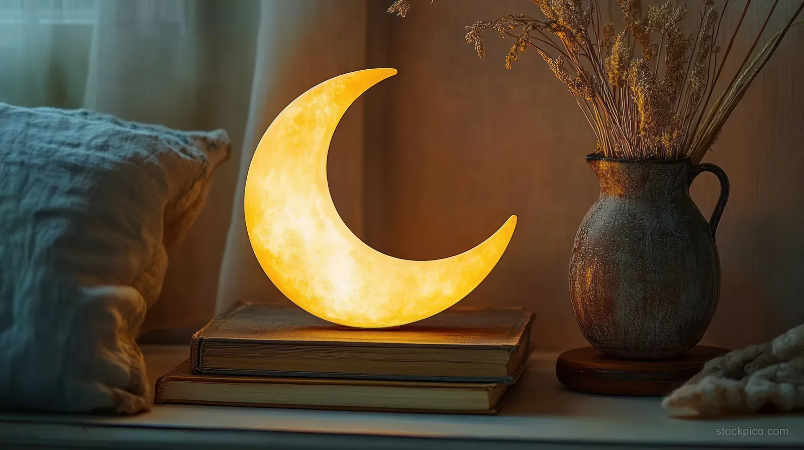 A glowing moon-shaped lamp sits on stacked books beside a rustic vase with dried flowers in warm room light.