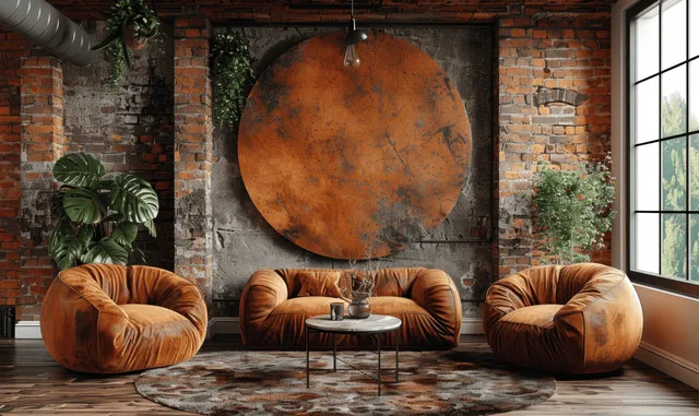 Leather armchairs and a coffee table sit in a loft office beside a brick wall and arched copper sign.