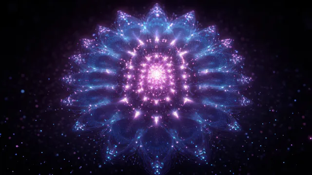 Symmetrical glowing digital flower made of blue and purple light patterns floating in dark space.