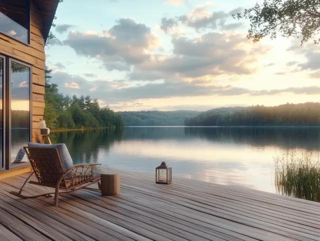 A cushioned chair sits on a wooden lakeside deck beside a lantern with calm water and sunset clouds.