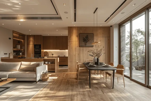 Open living and dining area with wooden floors, beige sofa, black table, and large glass doors opening to patio greenery.
