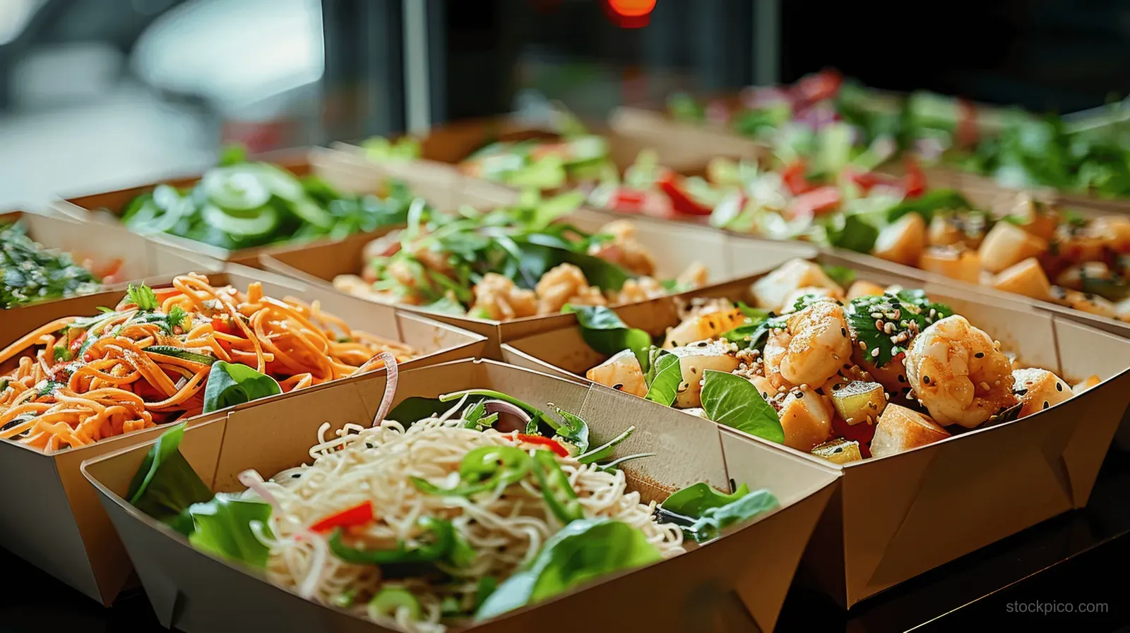 Close-up of eco-friendly paper boxes packed with green salad and rice noodles topped with vegetables and herbs.