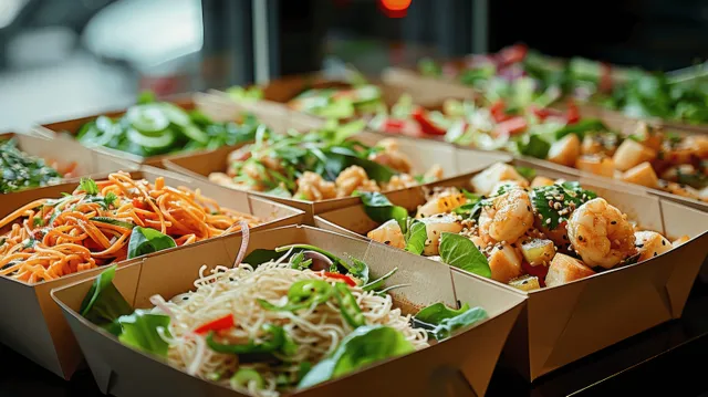 Close-up of eco-friendly paper boxes packed with green salad and rice noodles topped with vegetables and herbs.