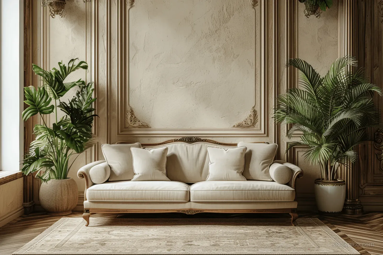 Beige minimalist living room with wooden sofa, framed wall, rug, and potted plants near tall columns.