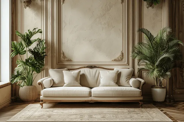 Beige minimalist living room with wooden sofa, framed wall, rug, and potted plants near tall columns.