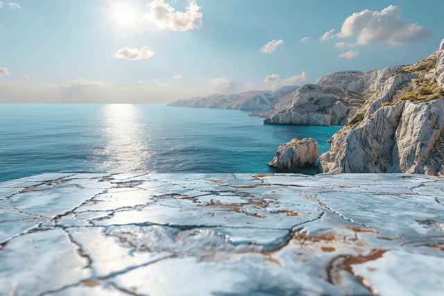 Empty cracked marble tabletop in the foreground with a blurred ocean and rocky coastline in bright daylight.