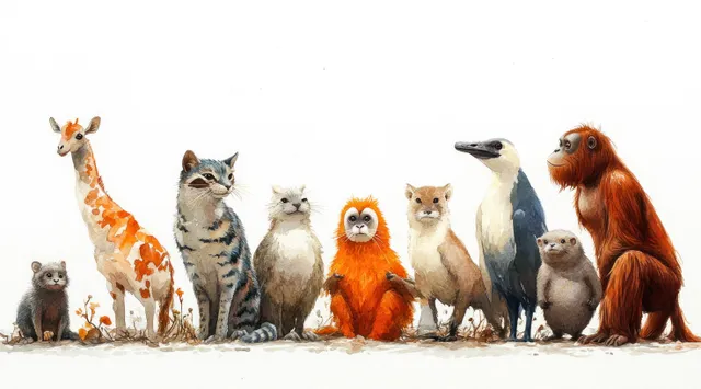 Watercolor wildlife alphabet animals lineup: ocelot, okapi, opossum, otter, ostrich, orangutan
