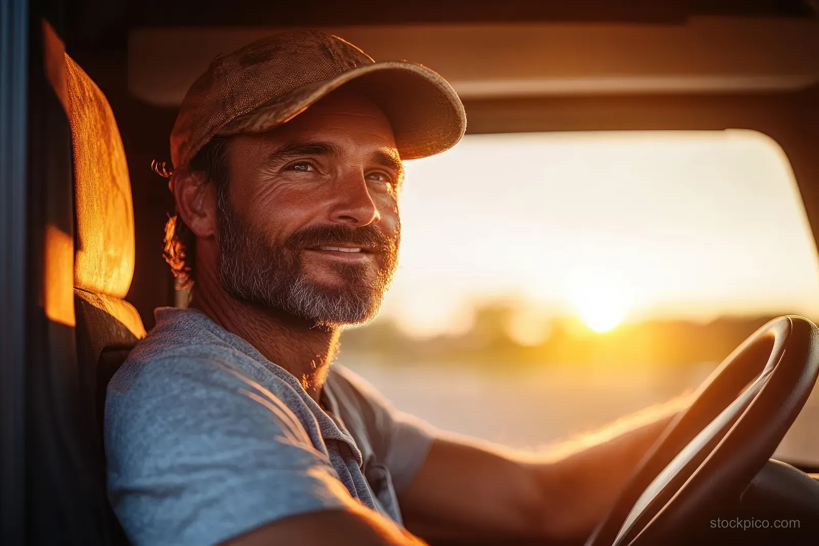 A smiling truck driver in the cab watches the sunset through the windshield with warm golden light and lens flare.
