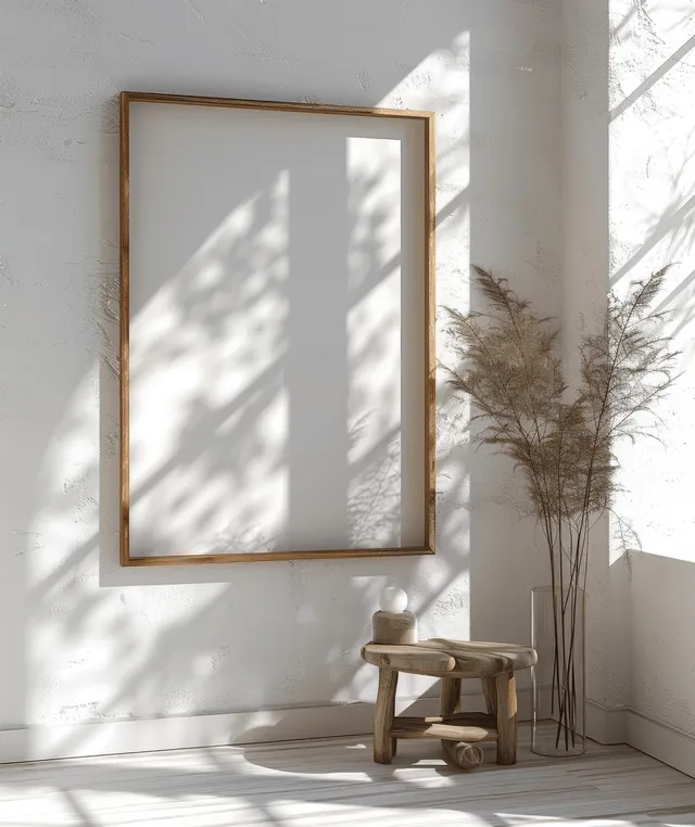 Vertical wooden picture frame mockup on minimalist living room wall with sunlit shadows with Wall Art Display