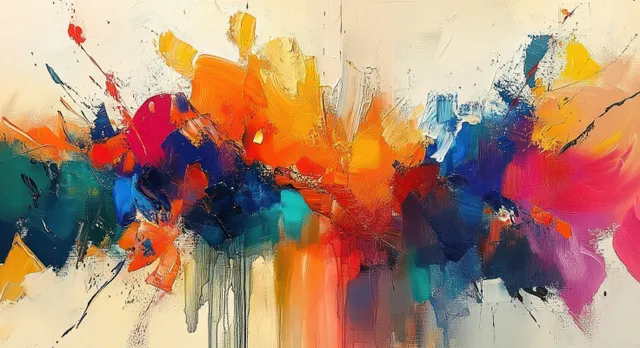Abstract colorful painting bursts across canvas with layered brush strokes and splattered highlights