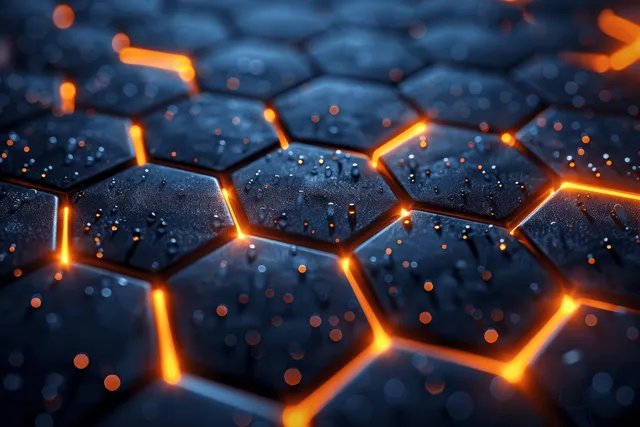 Wet hexagonal tile pattern with glowing orange network lines and scattered water droplets on a dark surface.