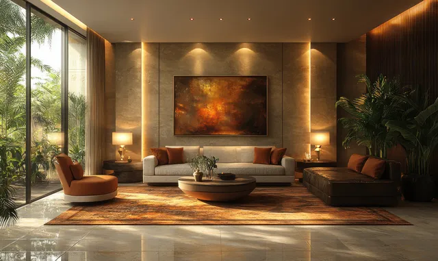 Warm-lit modern lounge with sofa, framed abstract painting, patterned rug, and large window greenery.