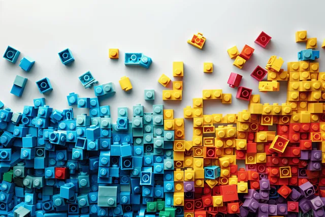 Colorful plastic blocks scattered on white background, top view with empty text space