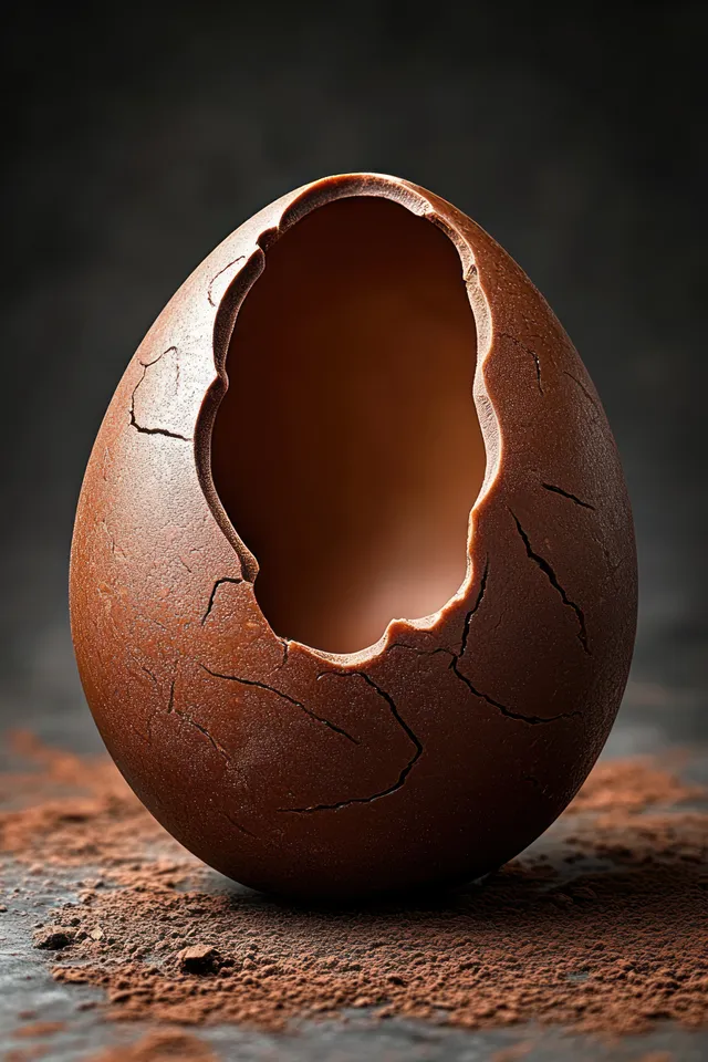 A cracked hollow chocolate egg stands on cocoa powder with broken shell pieces visible.