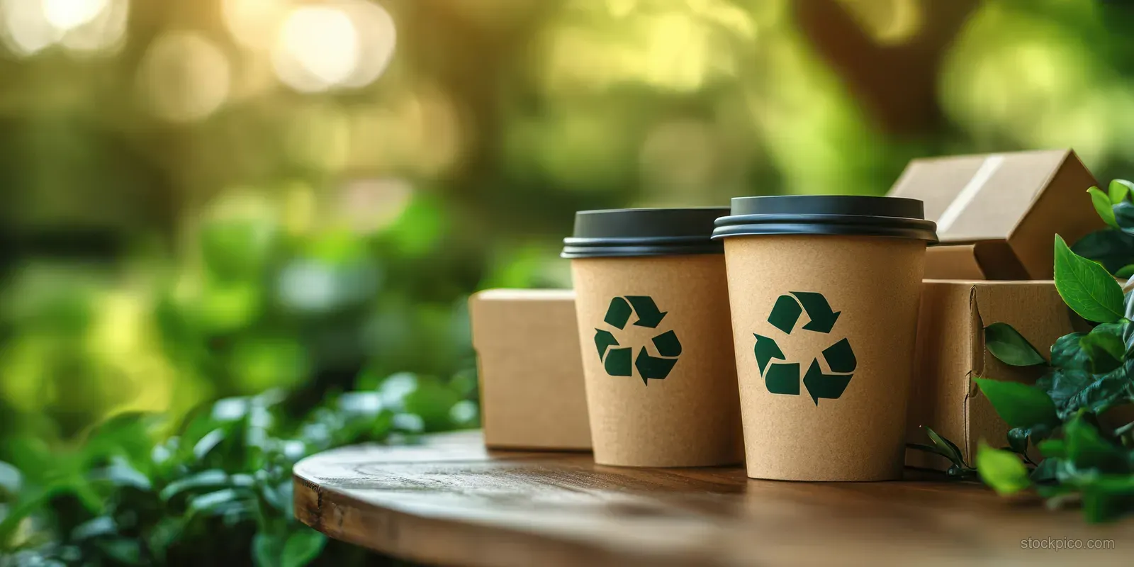 Two recyclable paper coffee cups with black lids on a wooden surface beside green leaves and cardboard boxes outdoors.