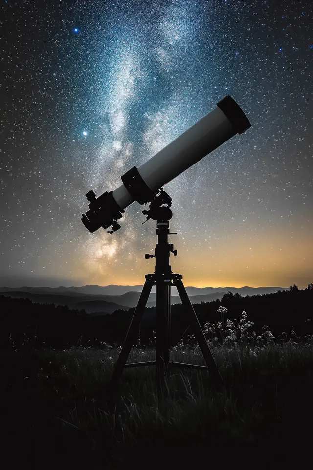 A silhouetted telescope on a tripod sits in a dusk landscape beneath the Milky Way and star-filled sky.