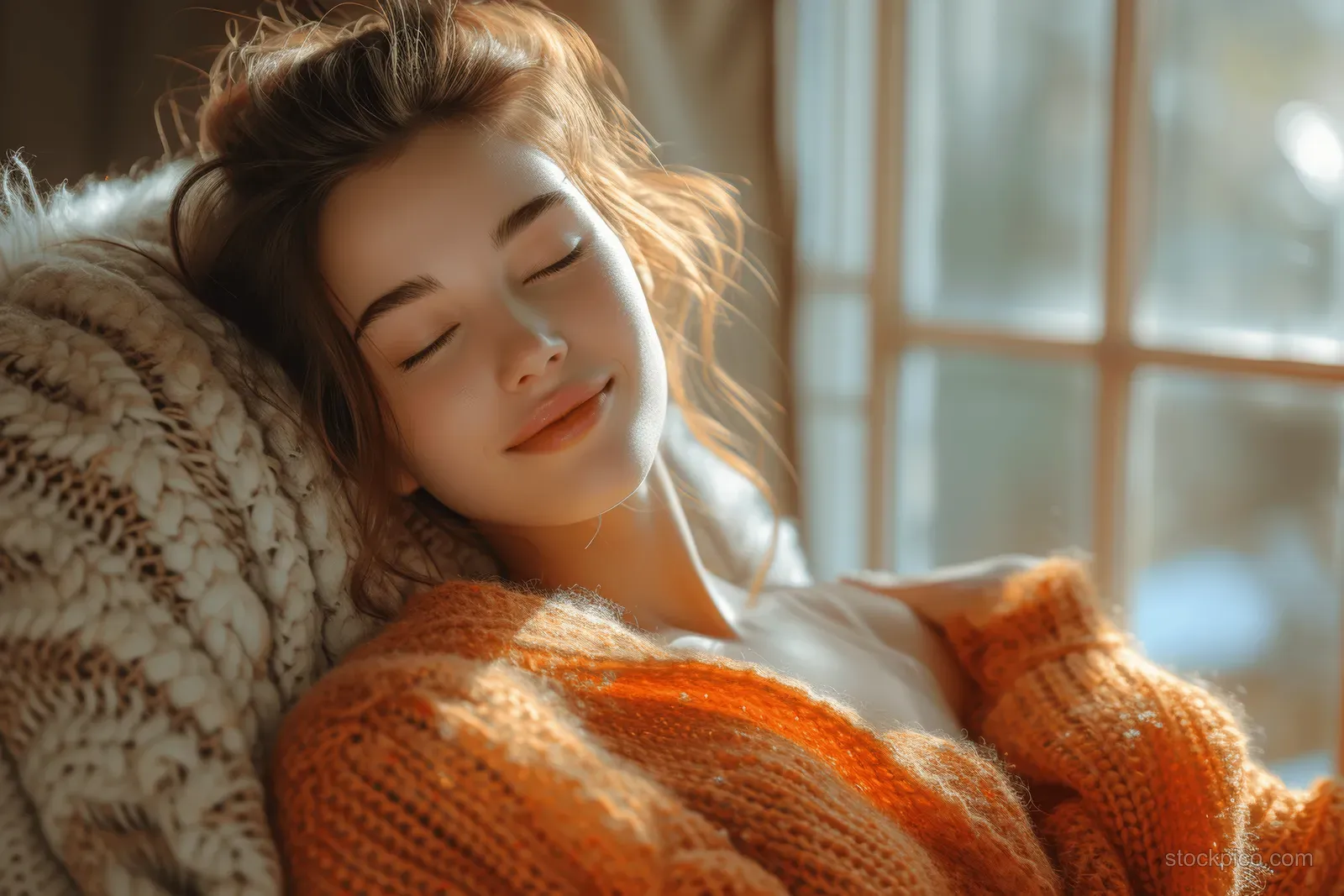 A young woman meditates with eyes closed while relaxing in a cozy chair by a bright window.