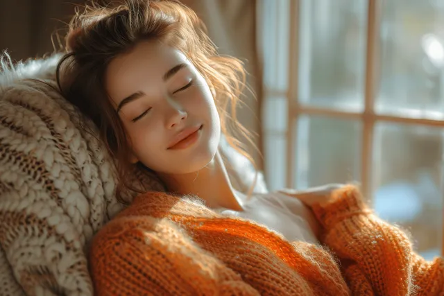 A young woman meditates with eyes closed while relaxing in a cozy chair by a bright window.