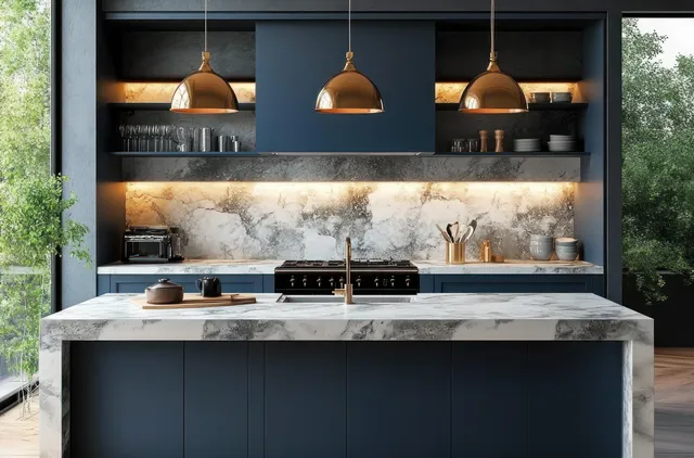 Dark blue cabinetry frames a white marble kitchen island with a cooktop and copper pendant lights.